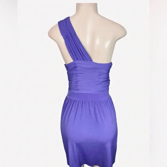 GIANNI BINI SMOCKED PURPLE SEMI FORMAL MIDI DRESS STRAPLESS SIZE LARGE - Picture 2 of 8